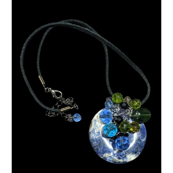 Whimsical Handmade Lapis Lazuli Ring Disc Pendant With Beaded Charm Accents - Picture 1 of 5